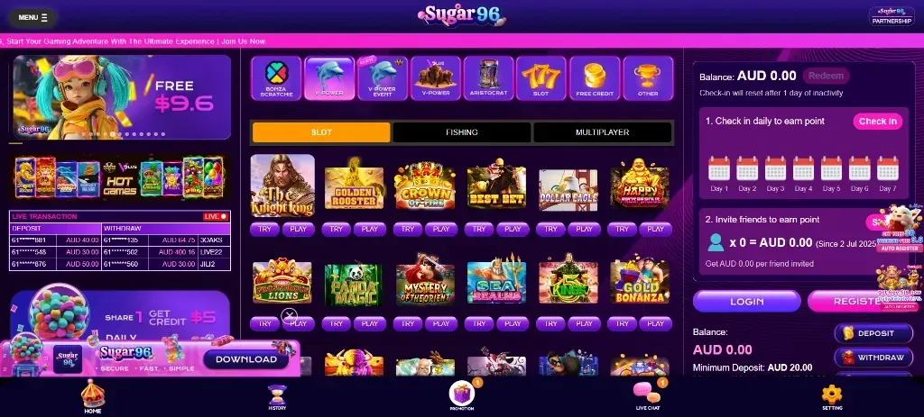 Sugar96 online casino homepage with slot, fishing, and multiplayer tabs, live transactions, bonus offers, game categories, and login/register options